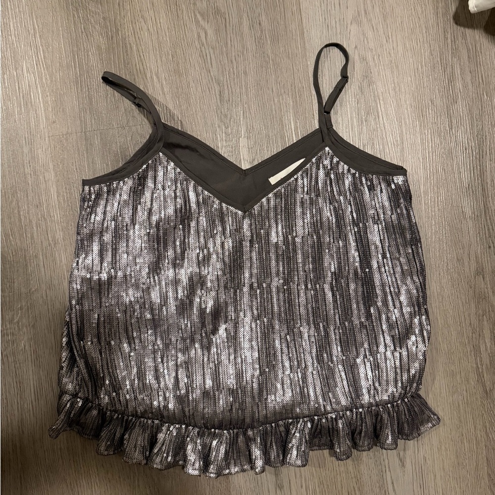 Anthropologie Silver sequin going out night top
